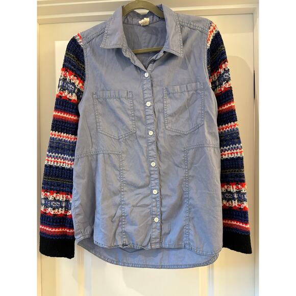 We The Free Free People Chambray Fair Isle Knit Sleeve button up Size M GUC - Picture 2 of 5